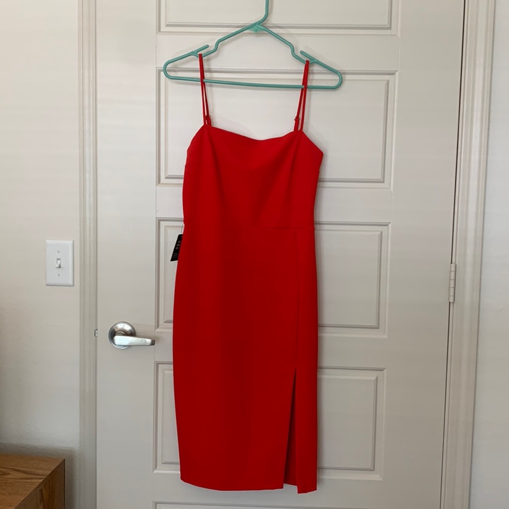 Express red square neck midi dress